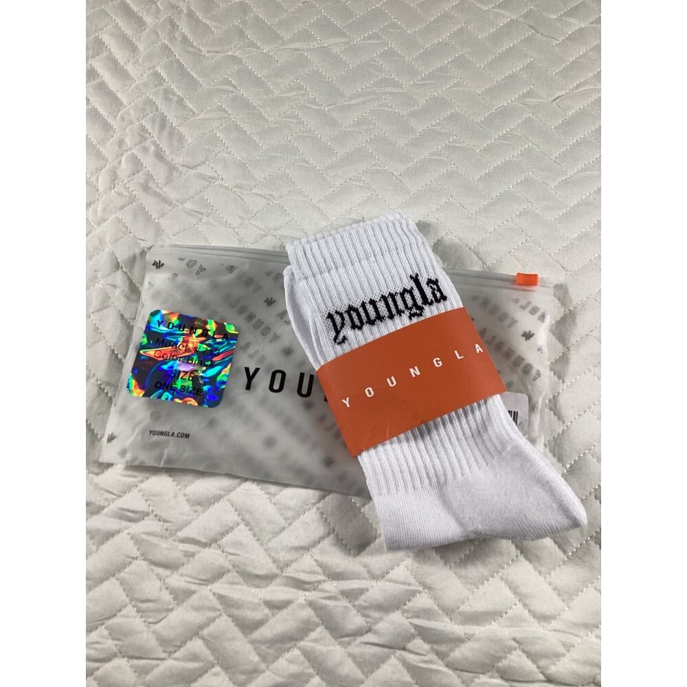YoungLA White Crew Mens Socks With Black Logo Outdoor Wear long Fit Everyday NEW - Picture 2 of 2